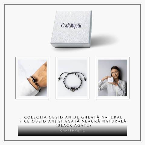 Bratara Ajustabila cu Pisica din Obsidian de Gheata si Agata Neagra Naturala – Talisman al Protectiei si Claritatii [7]