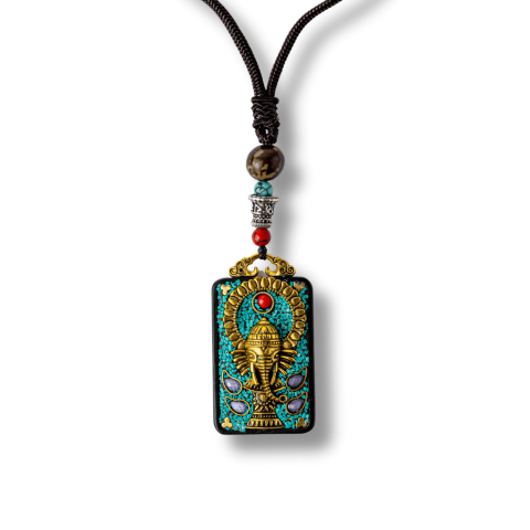 Vindecare Emotionala - Colier Thangka Nepalez din Lemn de Abanos cu Simbol Ganesha – Protectie Spirituala si Abundenta