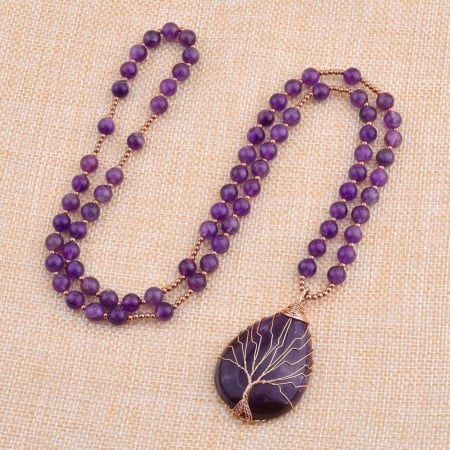 Colier cu pandativ din Ametist natural invelit cu sarma model Arborele vietii si margele 8mm - Cadou pentru mame, iubita [5]
