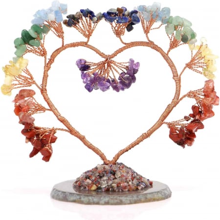Ornamente cristale semipretioase - Copac pietre semipretioase 7 chakra in forma de inima – Decor cristal feng shui, accesorii premium pentru birou