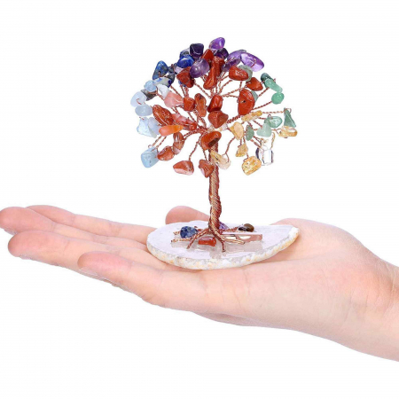 Mini Copacel pietre semipretioase 7 chakra pe felie de agat – decor cristal feng shui, accesorii pentru birou, cristale pentru meditatie [4]