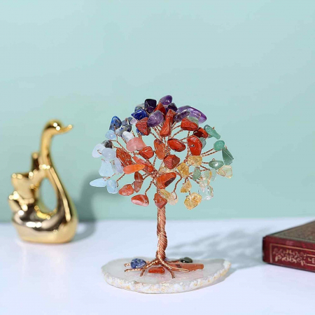 Mini Copacel pietre semipretioase 7 chakra pe felie de agat – decor cristal feng shui, accesorii pentru birou, cristale pentru meditatie [3]