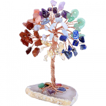 Mini Copacel pietre semipretioase 7 chakra pe felie de agat – decor cristal feng shui, accesorii pentru birou, cristale pentru meditatie