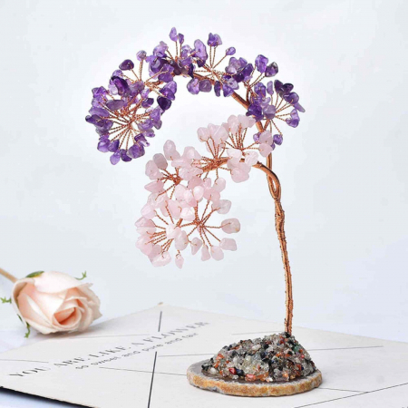 Copac pietre semipretioase ametist si cuart Roz pe felie de agat – Decor cristal feng shui, accesorii pentru birou, cristale pentru meditatie [4]