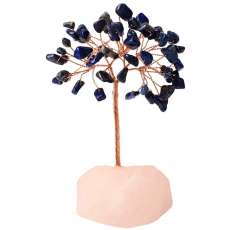 Copacel 10-11 cm din cristale naturale Lapis Lazuli cu baza de Cuart Roz cu 6 ramuri și 54 mini pietre semiprețioase - Armonie si bunastare