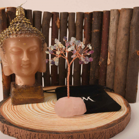 Copacel 10-11 cm din cristale naturale Fluorit cu baza de Cuart Roz cu 6 ramuri și 54 mini pietre semiprețioase - Echilibru si armonie [3]