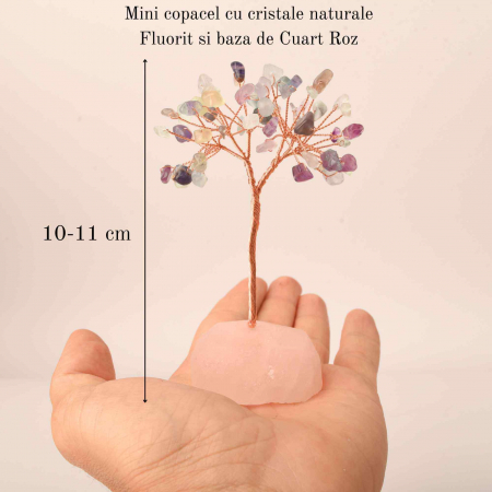 Copacel 10-11 cm din cristale naturale Fluorit cu baza de Cuart Roz cu 6 ramuri și 54 mini pietre semiprețioase - Echilibru si armonie [1]