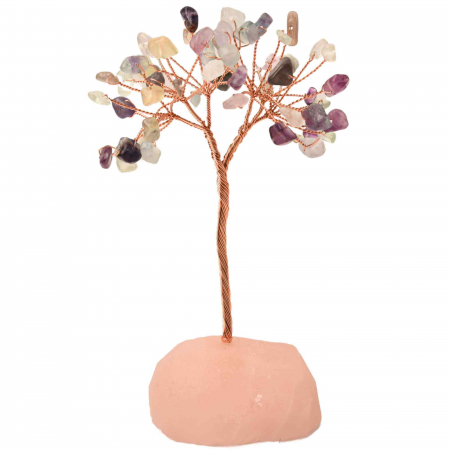 Copaci cu cristale - Copacel 10-11 cm din cristale naturale Fluorit cu baza de Cuart Roz cu 6 ramuri și 54 mini pietre semiprețioase - Echilibru si armonie