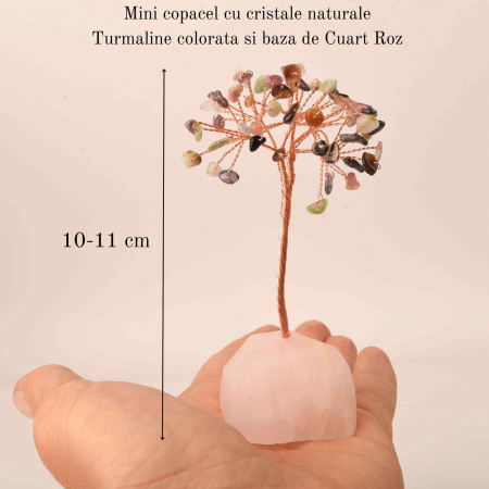 Copacel 10-11 cm din cristale naturale Turmalina colorata cu baza de Cuart Roz cu 6 ramuri și 54 mini pietre semiprețioase - Protectie si iubire [1]