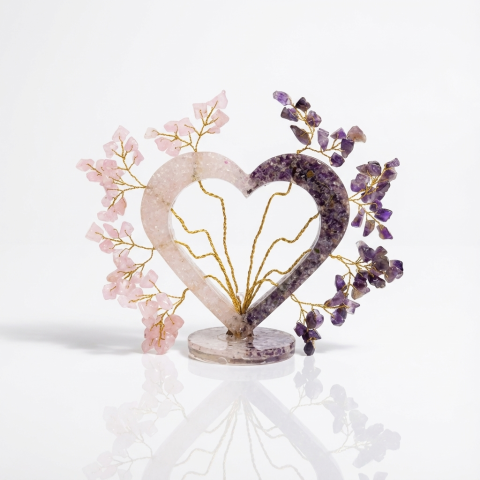 Copaci cu cristale - Copacel Orgon Inima Cuart Roz si Ametist 15x15 cm – Energie si Armonie