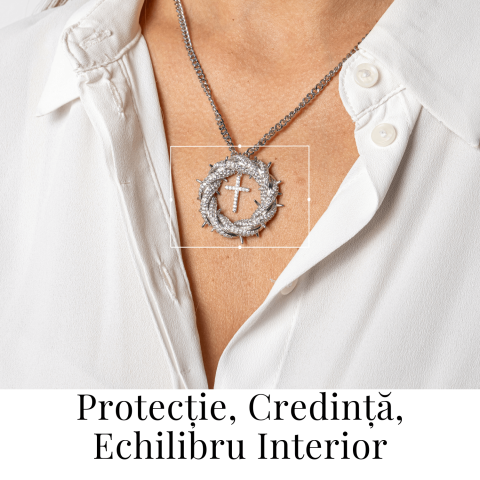 Protectie si Credinta – Colier Cruce cu Zirconiu si Coroana Circulara, Placat Argintiu [1]