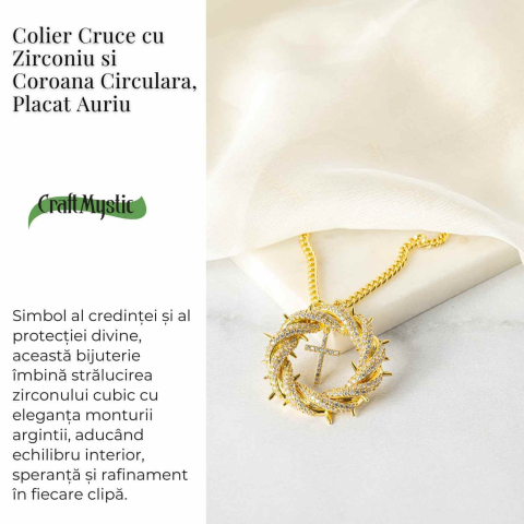 Credinta si Protectie – Colier Cruce cu Zirconiu si Coroana Circulara, Placat Auriu [2]