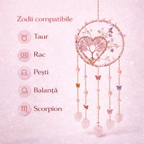 Dreamcatcher cu cuart roz, un simbol al blândeții, iubirii si linistii interioare [4]