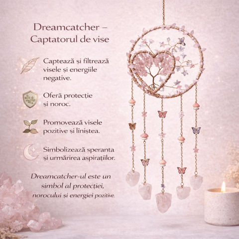 Dreamcatcher cu cuart roz, un simbol al blândeții, iubirii si linistii interioare [1]