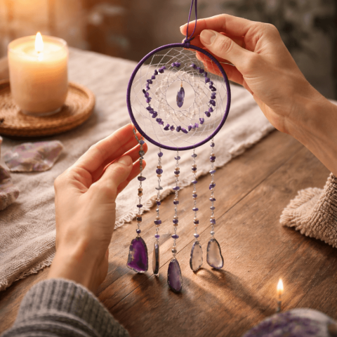 Dreamcatcher cu ametist, cuart transparent si agat – un simbol al claritătii si linistii interioare [5]