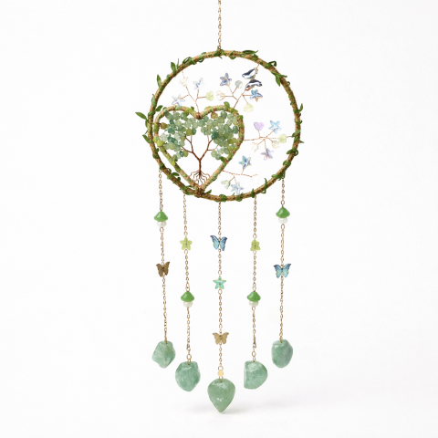 Ornamente de Agățat din Cristale - Dreamcatcher cu aventurin verde, un simbol al inimii deschise și al echilibrului natural