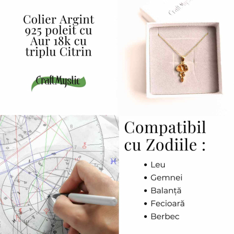 Energie Pozitiva si Prosperitate –Colier inox si pandantiv argint 925 placat cu aur de18k si Triplu Citrin [3]