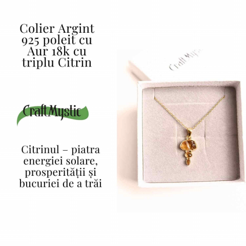 Energie Pozitiva si Prosperitate –Colier inox si pandantiv argint 925 placat cu aur de18k si Triplu Citrin [2]