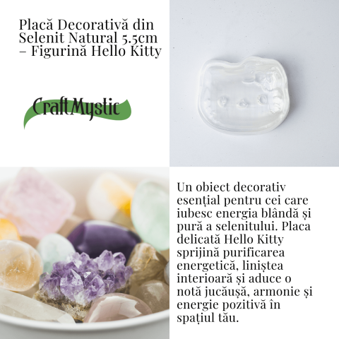 Placa Decorativa din Selenit Natural 5.5cm – Figurina Hello Kitty pentru Purificare si Armonie Energetica [1]