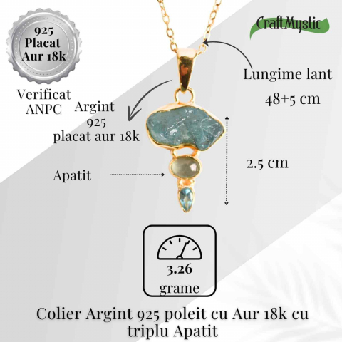 Claritate Mentala si Comunicare Autentica – Colier inox si pandantiv argint 925 placat cu aur de18k si Triplu Apatit [4]
