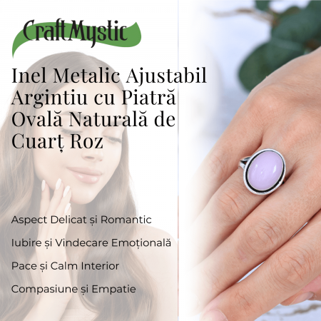 Inel Ajustabil Argintiu cu Cuart Roz natural oval, pentru iubire si armonie [2]