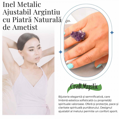 Inel ajustabil argintiu cu piatra naturala cluster Ametist [3]