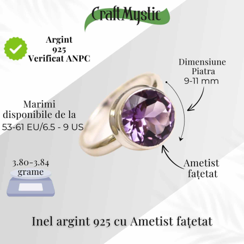 Inel Argint 925 cu Ametist Fatetat Rotund – Armonie si Claritate Spirituala [4]