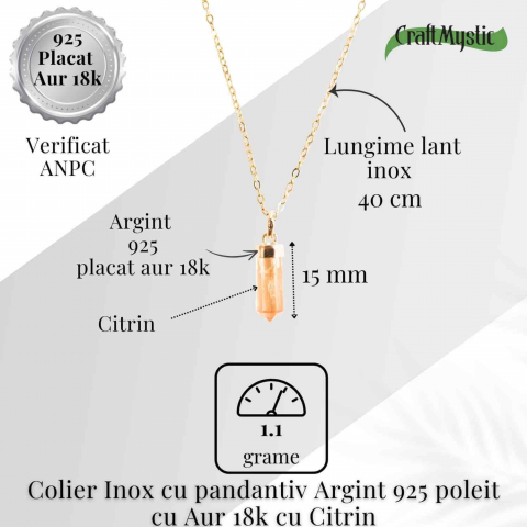 Colier Citrin Turnulet montura argint 925 placat cu aur de18k – Claritate Mentala si Energie Pozitiva [4]