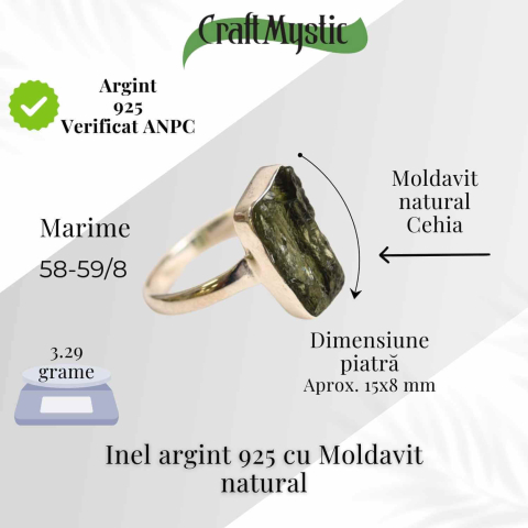 Inel argint 925 cu Moldavit natural brut – Bijuterie rara, energie cosmica [1]