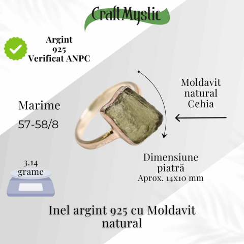 Inel argint 925 cu Moldavit natural brut – Bijuterie rara, energie cosmica [1]
