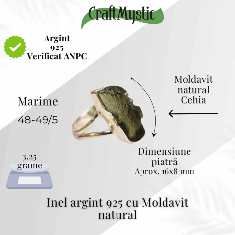 Inel argint 925 cu Moldavit natural brut – Bijuterie unica, piatra transformarii [1]