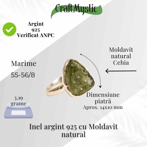 Inel argint 925 cu Moldavit natural brut Marime 55-56 (EU) / 8 (US) – Piatra transformarii spirituale - Copie [1]