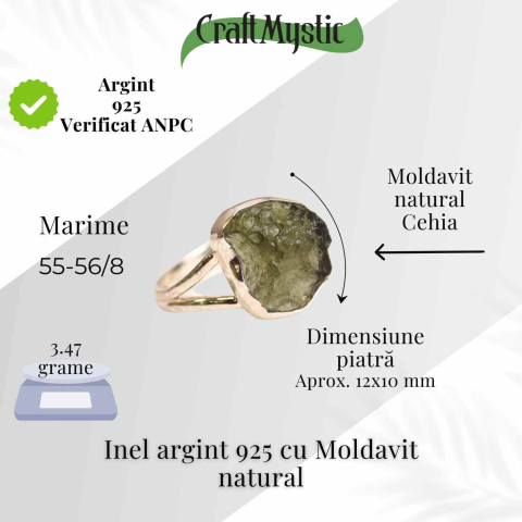 Inel argint 925 cu Moldavit natural brut Marime 55-56 (EU) / 8 (US) – Piatra transformarii spirituale - Copie [1]
