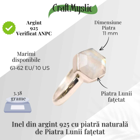 Inel Argint 925 cu Piatra Lunii Fatetata Hexagon – Intuitie si Feminin Sacru [4]
