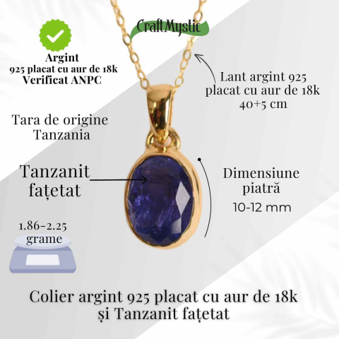 Colier Argint 925 Placat cu Aur 18K si Tanzanit Fatetat Oval – Claritate Spirituala si Transformare Interioara [4]