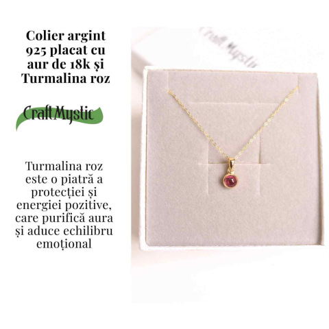 Colier Argint 925 Placat cu Aur 18K si Turmalina Roz Naturala – Iubire, Vindecare si Energie a Inimii [2]