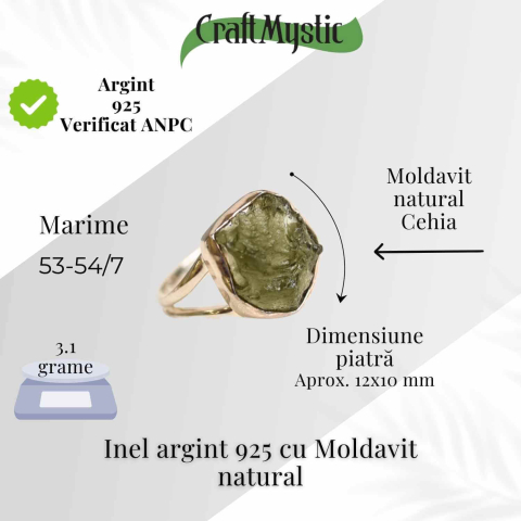 Inel argint 925 cu Moldavit natural brut Marime 53-54 (EU) / 7 (US) – Piatra transformarii spirituale [1]