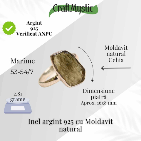 Inel argint 925 cu Moldavit natural brut Marime 53-54 (EU) / 7 (US) – Piatra transformarii spirituale [1]