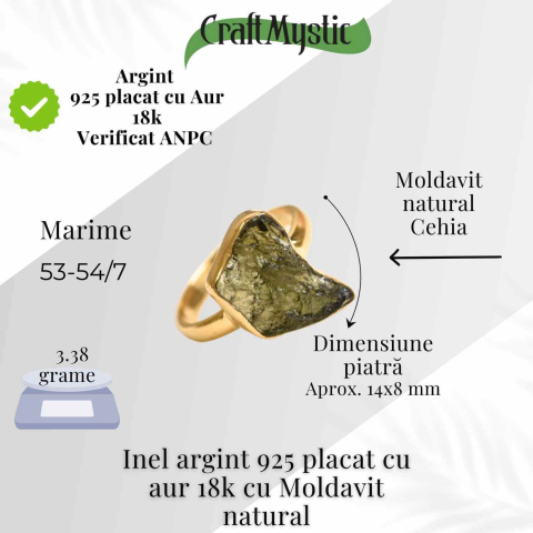Inel argint 925 placat aur 18k cu Moldavit natural brut Marime 53-54 (EU) / 7 (US) – Piatra transformarii si protectiei [1]