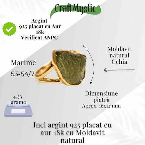 Inel argint 925 placat aur 18k cu Moldavit natural brut Marime 58-59 (EU) /9 (US) – Piatra transformarii si protectiei [1]