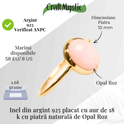 Inel Argint 925 placat cu Aur 18K cu Opal Roz Oval – Iubire, Vindecare si Blandete [4]