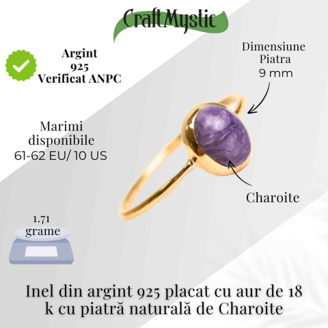 Inel Argint 925 placat cu Aur 18K cu Charoite Oval – Transformare si Claritate Spirituala [4]