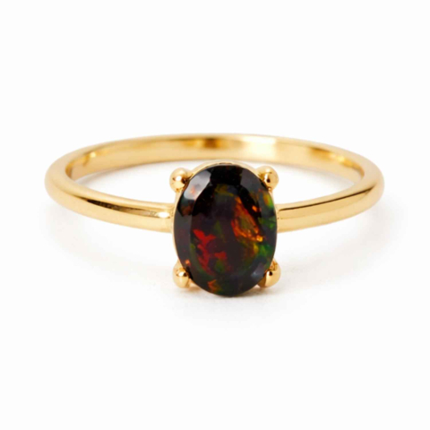 Pesti - Inel Argint 925 placat cu aur 18K cu Opal Negru Fațetat oval— o reflexie profunda a intuitiei purtate cu gratie