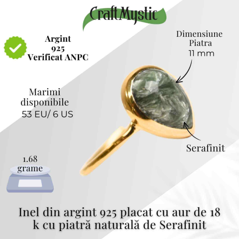 Inel Argint 925 placat cu Aur 18K cu Serafinit Lacrima – Armonie Spirituala si Vindecare Interioara [4]