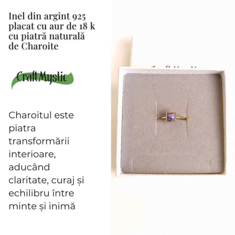 Inel Argint 925 placat cu Aur 18K cu Charoite Patrat – Transformare Spirituala si Liniste Interioara [2]