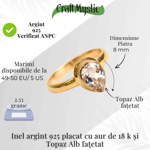 Inel argint 925 placat cu aur 18K cu Topaz Alb lacrima – Claritate si Renastere [3]