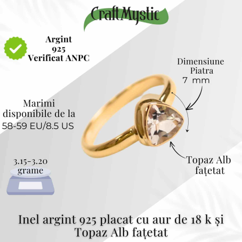 Descoperă inelul din argint 925 placat cu aur 18K cu piatră naturală de Topaz Alb fațetat triunghi. Simbol al clarității și echilibrului, perfect pentru rafinament și protecție spirituală. [4]