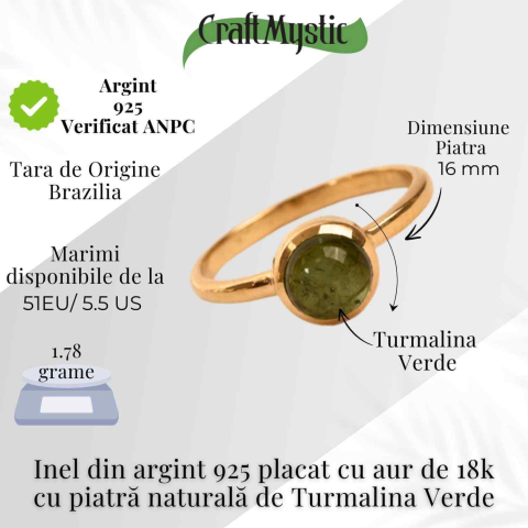 Inel Argint 925 Placat cu Aur 18K cu Turmalina Verde Marime 51 (EU) / 5.5 (US) – Echilibru si Incredere Interioara [3]