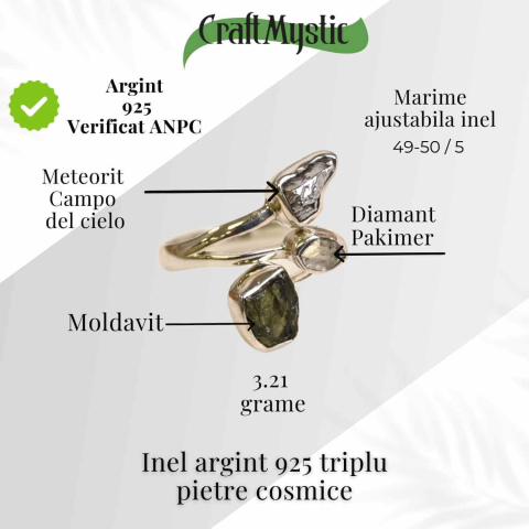 Inel din argint 925 cu tripla piatra naturala Moldavit, Diamant Pakimer si Meteorit Campo del Cielo [2]