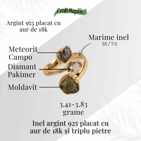 Inel argint 925 placat cu aur de 18k cu Moldavit, Meteorit si Palimer – Putere cosmica si claritate [1]